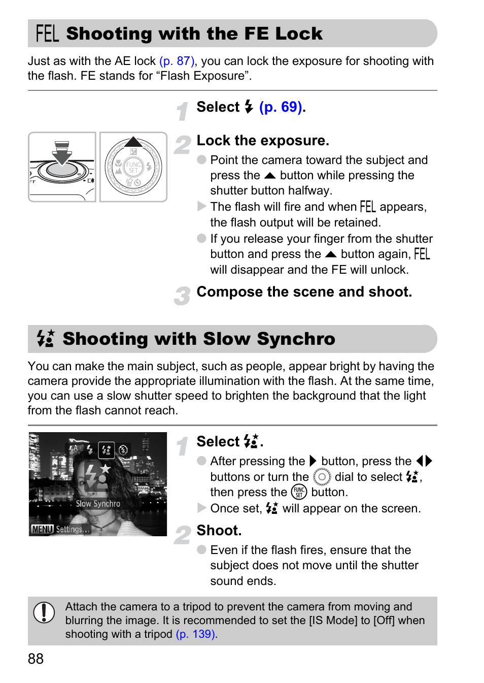 Shooting with the fe lock, Shooting with slow synchro, P. 88) | Canon IXUS 990IS User Manual | Page 88 / 162