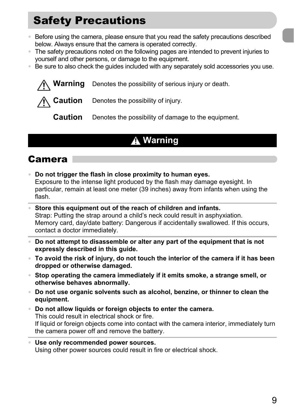 Safety precautions, Camera, Warning | Canon IXUS 990IS User Manual | Page 9 / 162