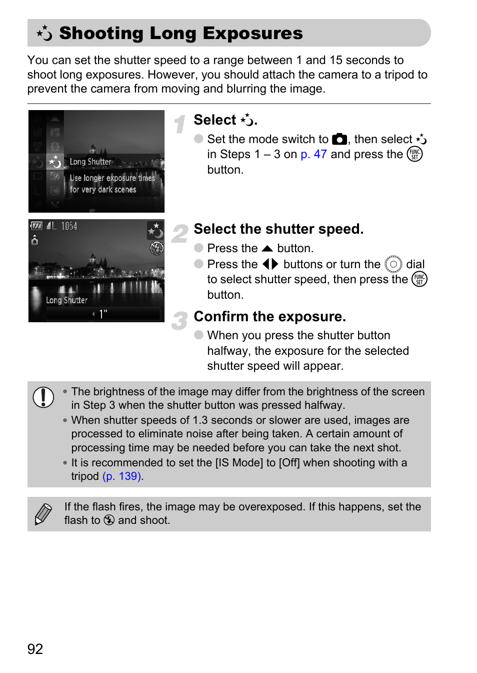 Shooting long exposures, P. 92), Select | Select the shutter speed, Confirm the exposure | Canon IXUS 990IS User Manual | Page 92 / 162