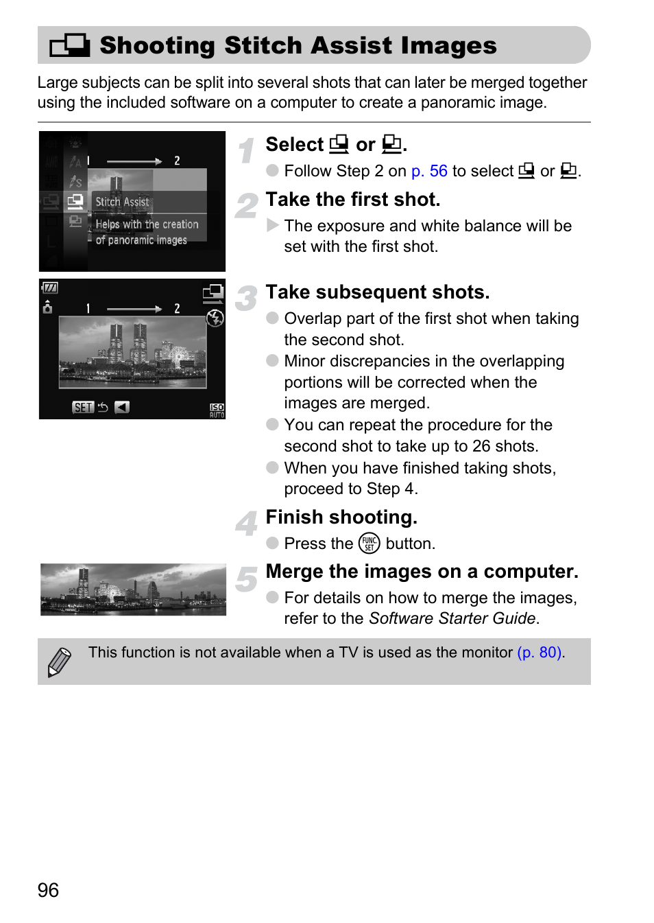 Shooting stitch assist images, L shooting stitch assist images, P. 96) | Select x or v, Take the first shot, Take subsequent shots, Finish shooting, Merge the images on a computer | Canon IXUS 990IS User Manual | Page 96 / 162