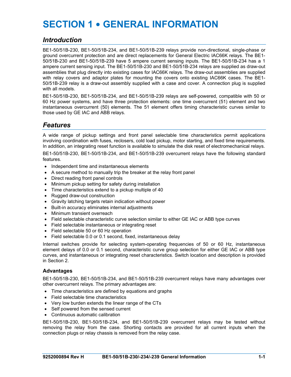 Introduction, Features, Advantages | Section 1 • general information -1, Introduction -1, Features -1, Advantages -1 | Basler Electric BE1-50/51B-230 User Manual | Page 11 / 76