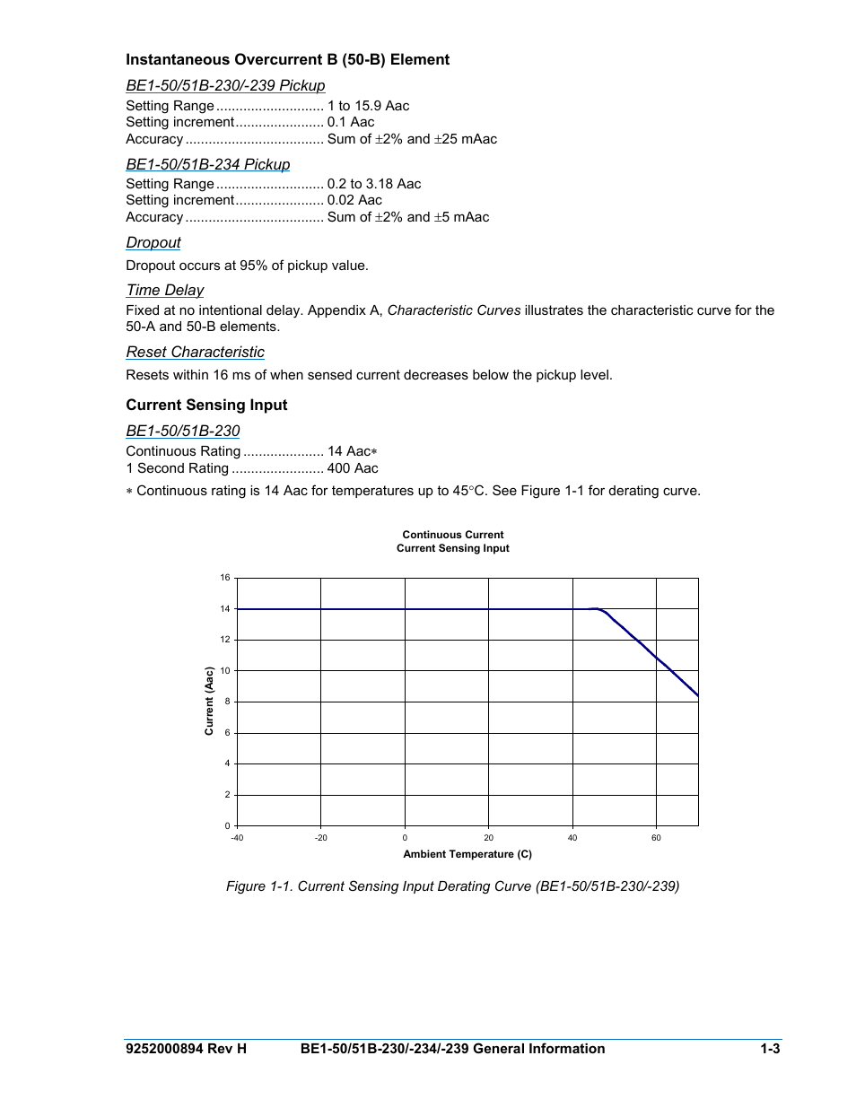 Instantaneous overcurrent b (50-b) element, Be1-50/51b-230/-239 pickup, Be1-50/51b-234 pickup | Dropout, Time delay, Reset characteristic, Current sensing input, Be1-50/51b-230, Instantaneous overcurrent b (50-b) element -3, Current sensing input -3 | Basler Electric BE1-50/51B-230 User Manual | Page 13 / 76