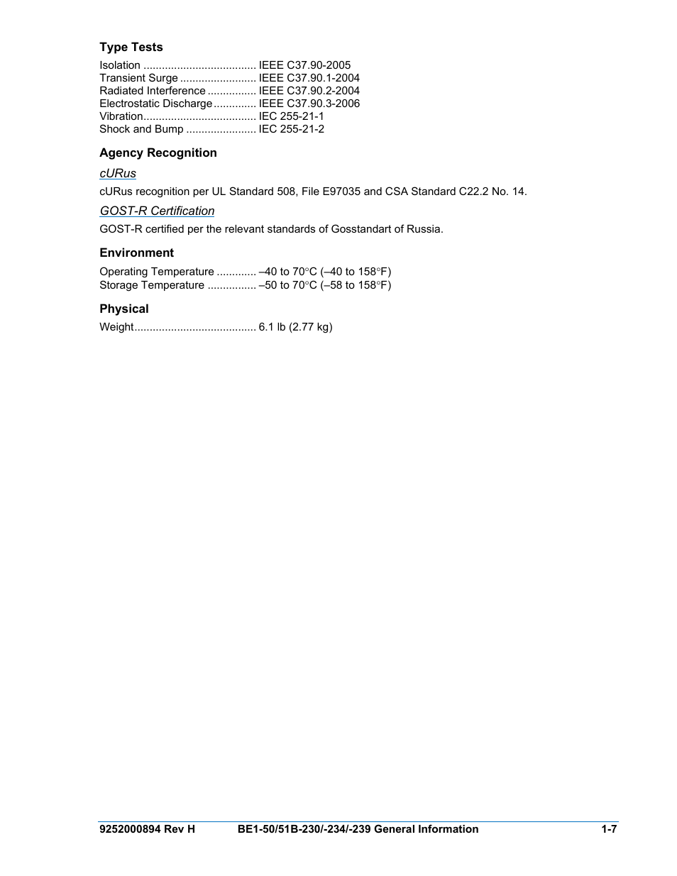 Type tests, Agency recognition, Curus | Gost-r certification, Environment, Physical, Type tests -7, Agency recognition -7, Environment -7, Physical -7 | Basler Electric BE1-50/51B-230 User Manual | Page 17 / 76