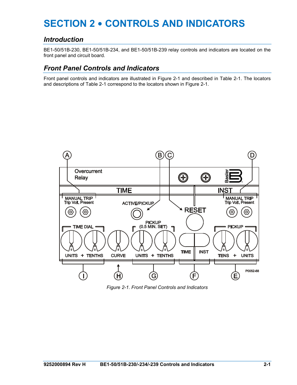 Introduction, Front panel controls and indicators, Section 2 • controls and indicators -1 | Introduction -1, Front panel controls and indicators -1, Figure 2-1. front panel controls and indicators | Basler Electric BE1-50/51B-230 User Manual | Page 21 / 76