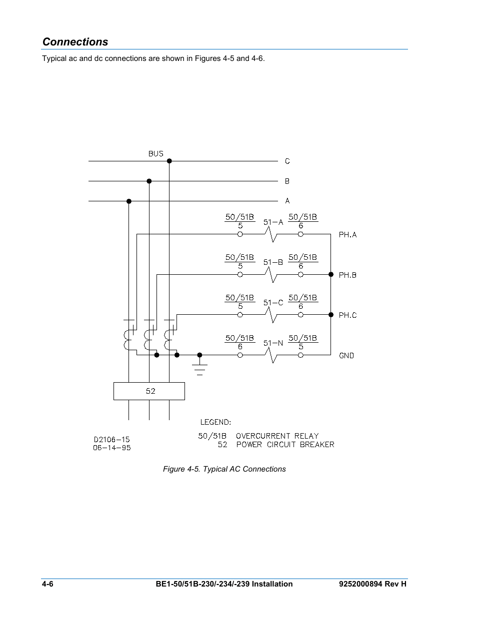 Connections, Connections -6, Figure 4-5. typical ac connections | Basler Electric BE1-50/51B-230 User Manual | Page 38 / 76