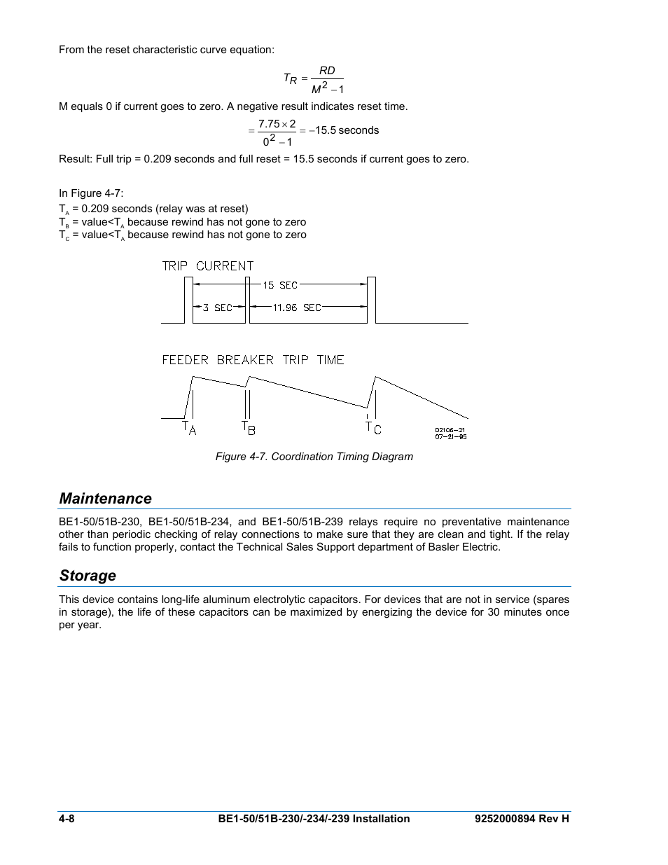 Maintenance, Storage, Maintenance -8 | Storage -8, Figure 4-7. coordination timing diagram | Basler Electric BE1-50/51B-230 User Manual | Page 40 / 76