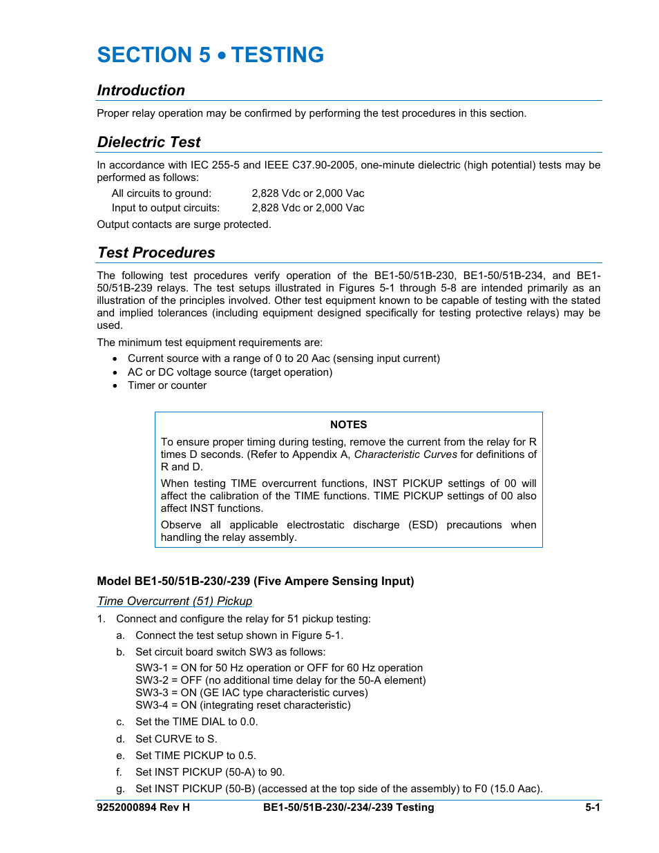 Introduction, Dielectric test, Test procedures | Time overcurrent (51) pickup, Section 5 • testing -1, Introduction -1, Dielectric test -1, Test procedures -1, Time overcurrent (51) pickup -1 | Basler Electric BE1-50/51B-230 User Manual | Page 43 / 76