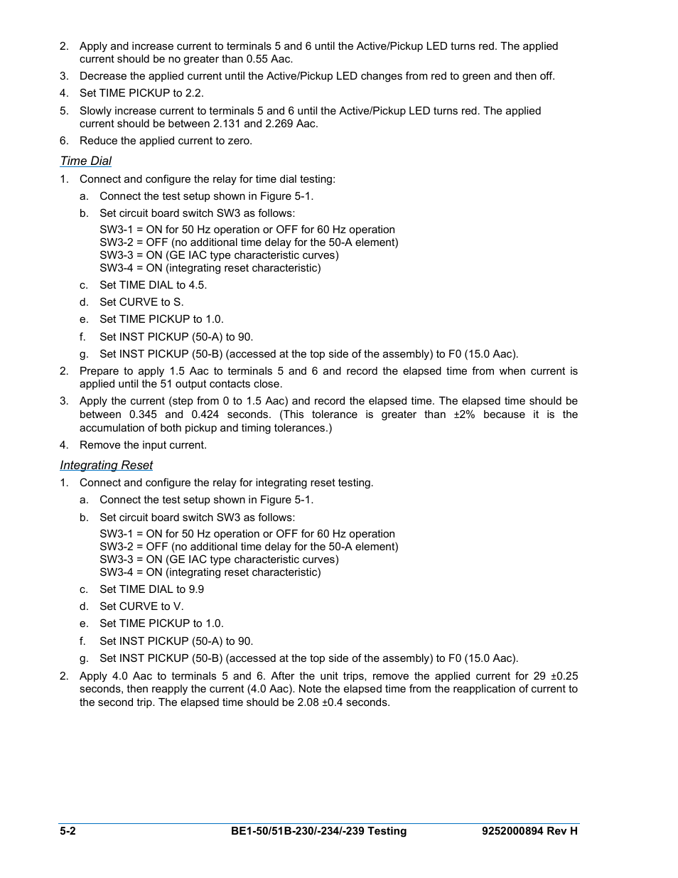 Time dial, Integrating reset, Time dial -2 | Integrating reset -2 | Basler Electric BE1-50/51B-230 User Manual | Page 44 / 76