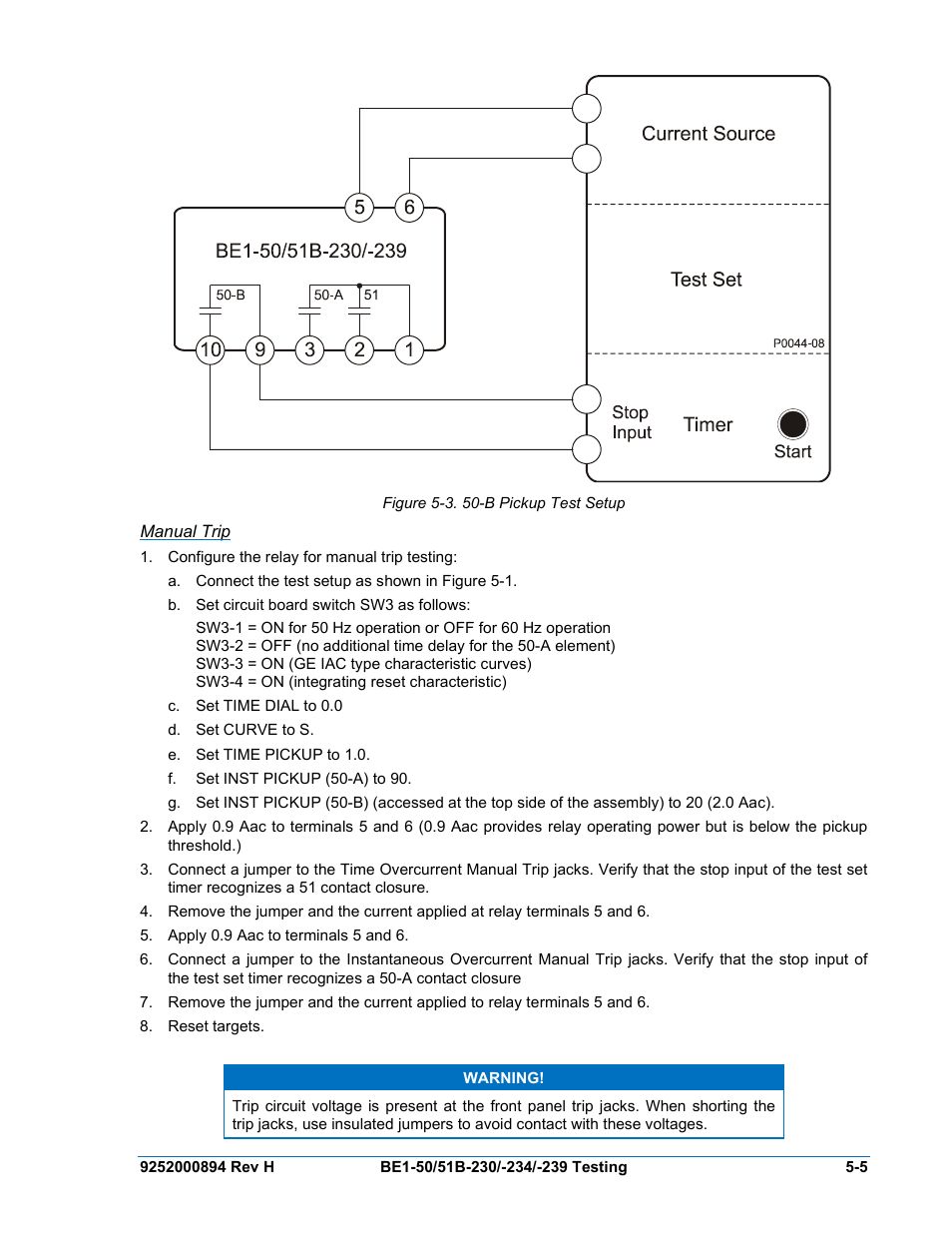 Manual trip, Manual trip -5, Figure 5-3. 50-b pickup test setup | Basler Electric BE1-50/51B-230 User Manual | Page 47 / 76