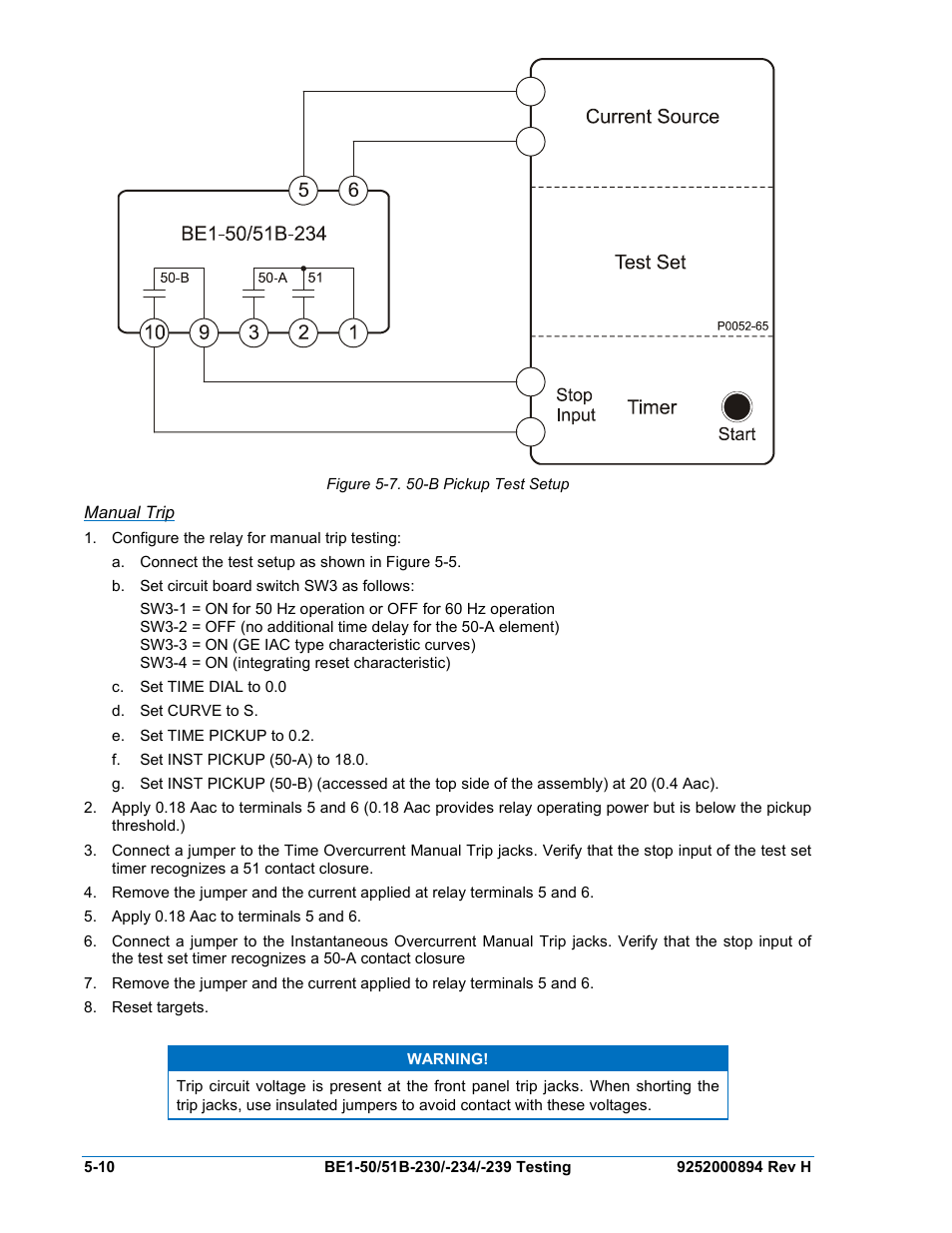 Manual trip, Manual trip -10, Figure 5-7. 50-b pickup test setup | Basler Electric BE1-50/51B-230 User Manual | Page 52 / 76