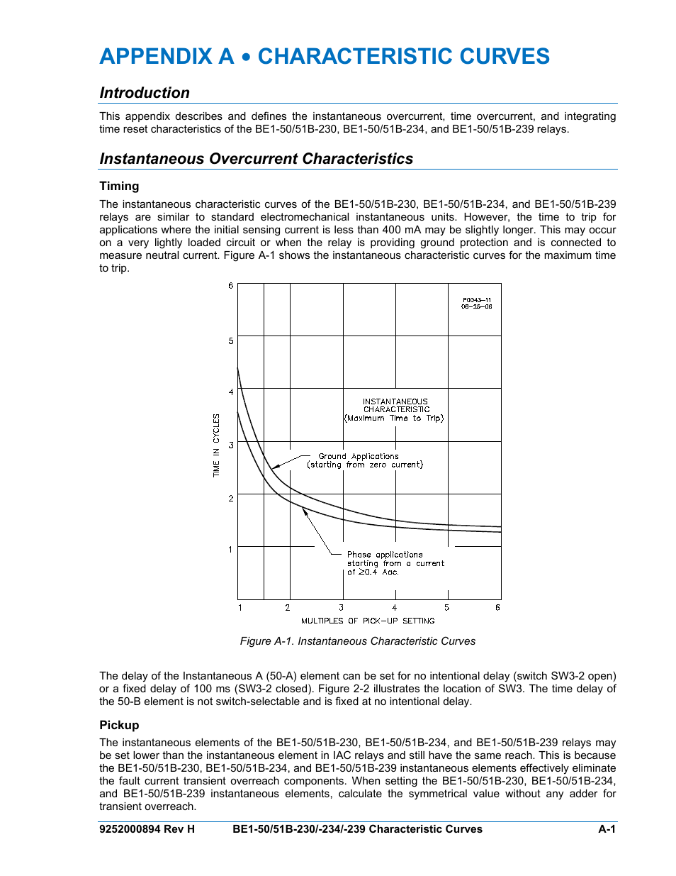 Introduction, Instantaneous overcurrent characteristics, Timing | Pickup, Figure a-1. instantaneous characteristic curves, Appendix a • characteristic curves | Basler Electric BE1-50/51B-230 User Manual | Page 57 / 76