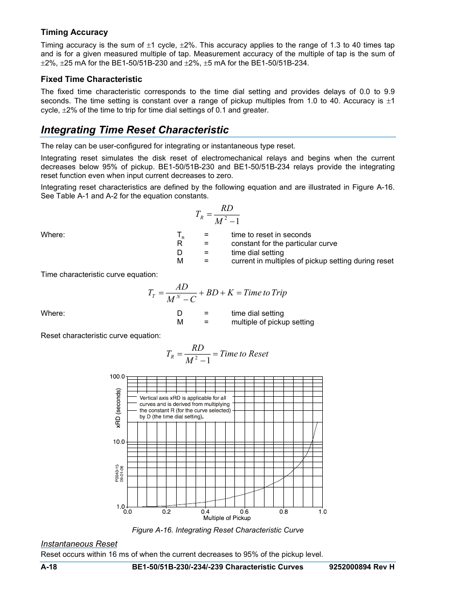 Timing accuracy, Fixed time characteristic, Integrating time reset characteristic | Instantaneous reset, A-18 | Basler Electric BE1-50/51B-230 User Manual | Page 74 / 76