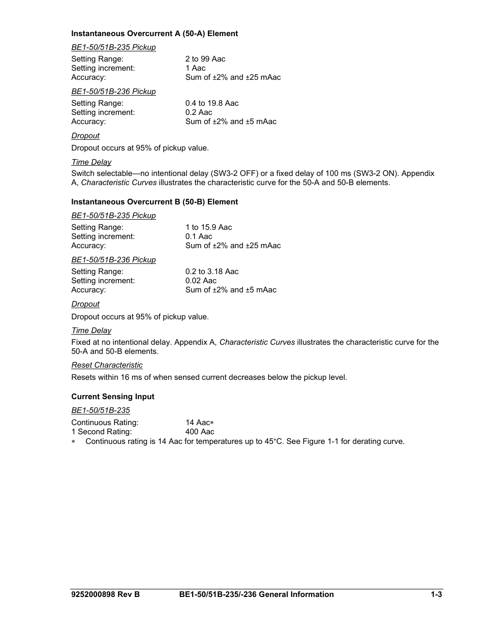 Instantaneous overcurrent a (50-a) element, Be1-50/51b-235 pickup, Be1-50/51b-236 pickup | Dropout, Time delay, Instantaneous overcurrent b (50-b) element, Reset characteristic, Current sensing input, Be1-50/51b-235, Instantaneous overcurrent a (50-a) element -3 | Basler Electric BE1-50/51B-235 User Manual | Page 13 / 68