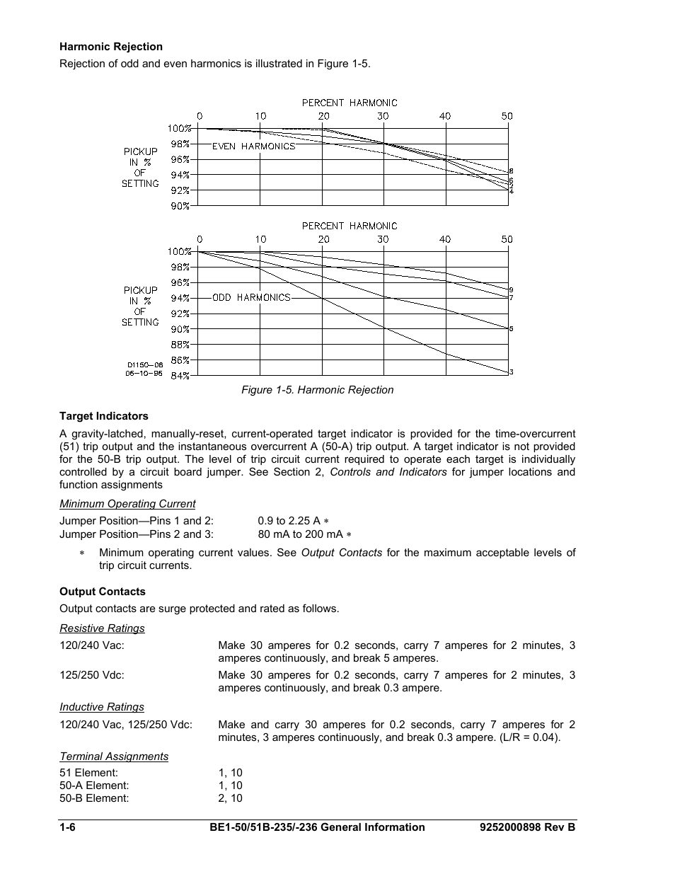 Harmonic rejection, Target indicators, Minimum operating current | Output contacts, Resistive ratings, Inductive ratings, Terminal assignments, Harmonic rejection -6, Target indicators -6, Output contacts -6 | Basler Electric BE1-50/51B-235 User Manual | Page 16 / 68