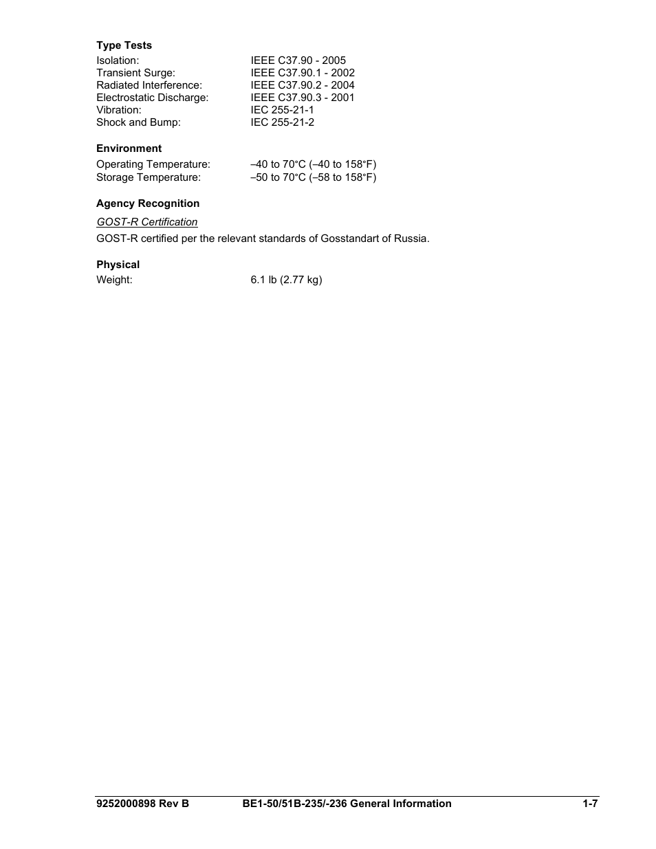 Type tests, Environment, Agency recognition | Gost-r certification, Physical, Type tests -7, Environment -7, Agency recognition -7, Physical -7 | Basler Electric BE1-50/51B-235 User Manual | Page 17 / 68