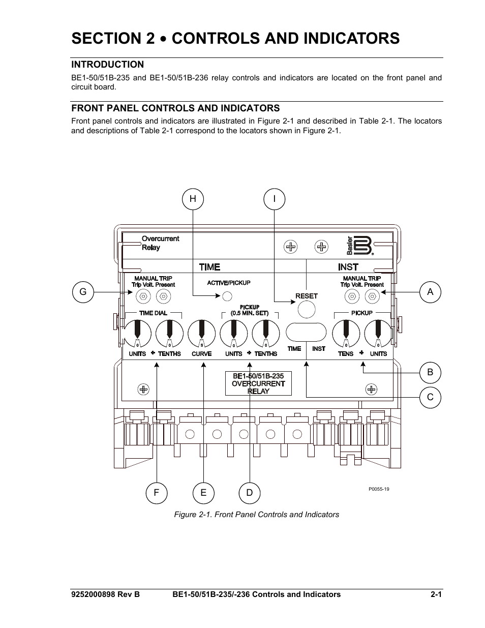 Introduction, Front panel controls and indicators, Section 2 • controls and indicators -1 | Introduction -1, Front panel controls and indicators -1, Figure 2-1. front panel controls and indicators | Basler Electric BE1-50/51B-235 User Manual | Page 21 / 68