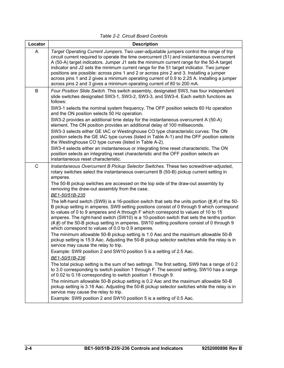 Table 2-2. circuit board controls, N table 2-2, Table 2-2 | Basler Electric BE1-50/51B-235 User Manual | Page 24 / 68