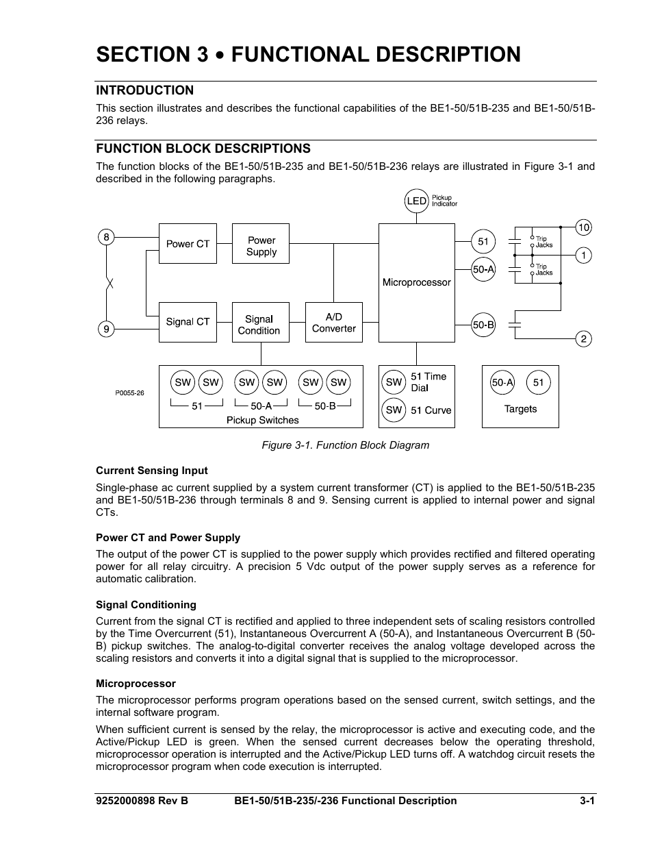 Introduction, Function block descriptions, Current sensing input | Power ct and power supply, Signal conditioning, Microprocessor, Section 3 • functional description -1, Introduction -1, Function block descriptions -1, Current sensing input -1 | Basler Electric BE1-50/51B-235 User Manual | Page 27 / 68
