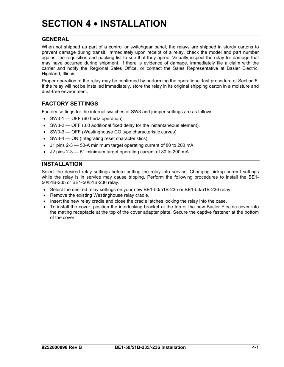 General, Factory settings, Installation | Section 4 • installation -1, General -1, Factory settings -1, Installation -1 | Basler Electric BE1-50/51B-235 User Manual | Page 31 / 68
