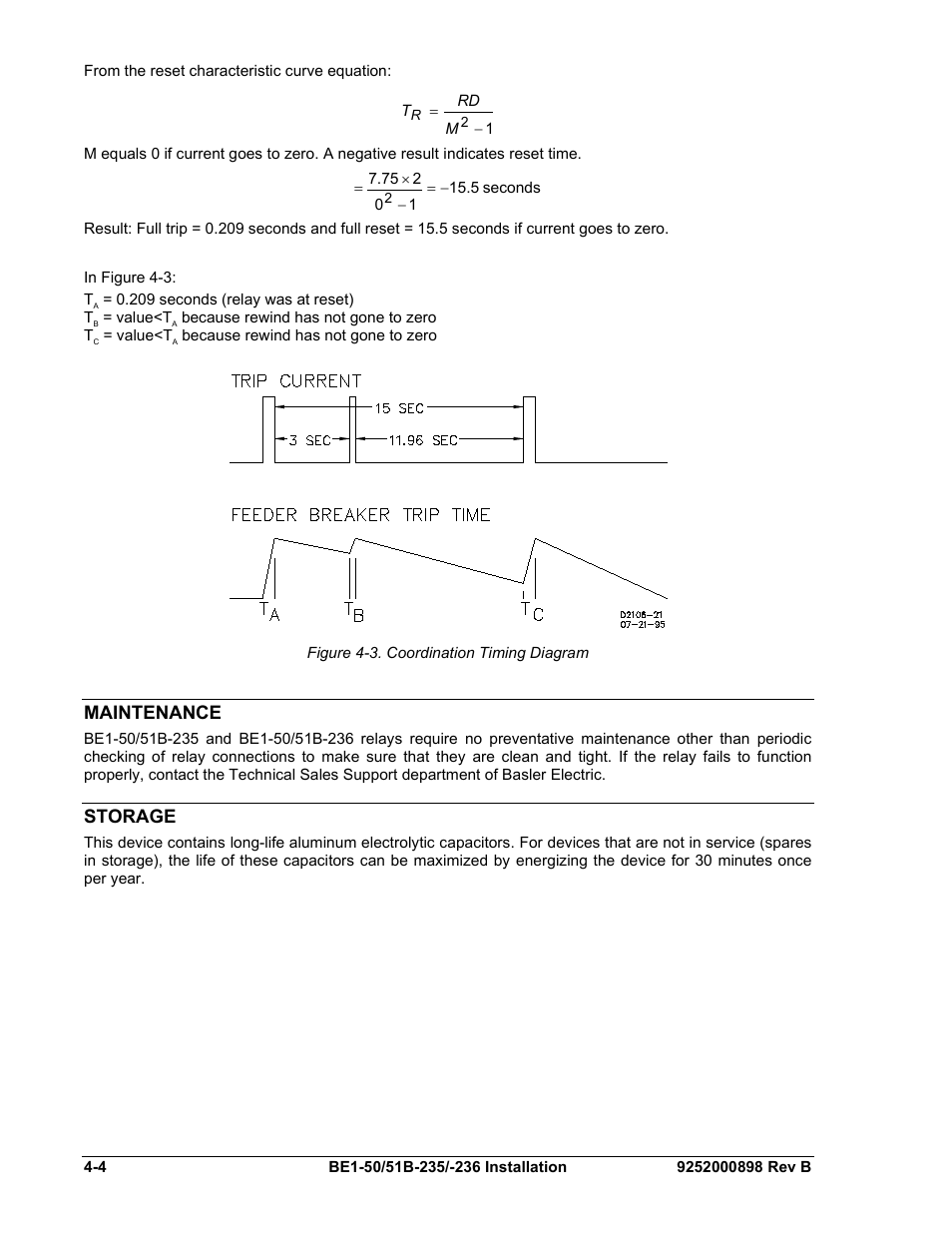 Maintenance, Storage, Maintenance -4 | Storage -4, Figure 4-3. coordination timing diagram | Basler Electric BE1-50/51B-235 User Manual | Page 34 / 68
