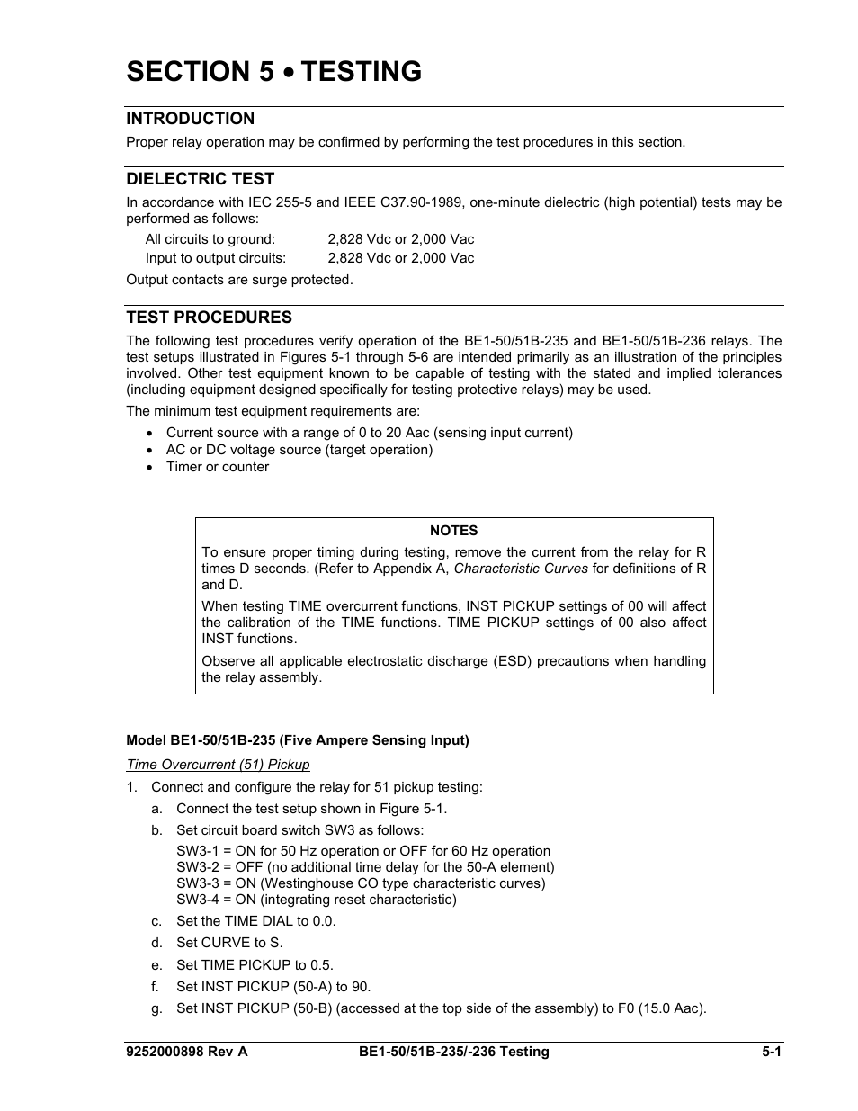 Introduction, Dielectric test, Test procedures | Model be1-50/51b-235 (five ampere sensing input), Time overcurrent (51) pickup, Section 5 • testing -1, Introduction -1, Dielectric test -1, Test procedures -1, Time overcurrent (51) pickup -1 | Basler Electric BE1-50/51B-235 User Manual | Page 37 / 68