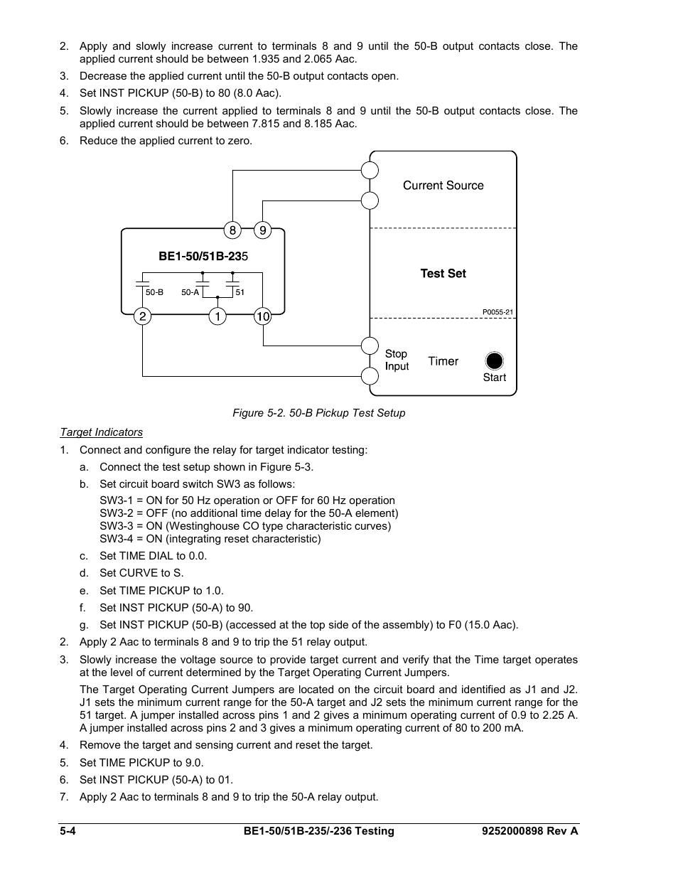 Target indicators, Target indicators -4, Figure 5-2. 50-b pickup test setup | Basler Electric BE1-50/51B-235 User Manual | Page 40 / 68
