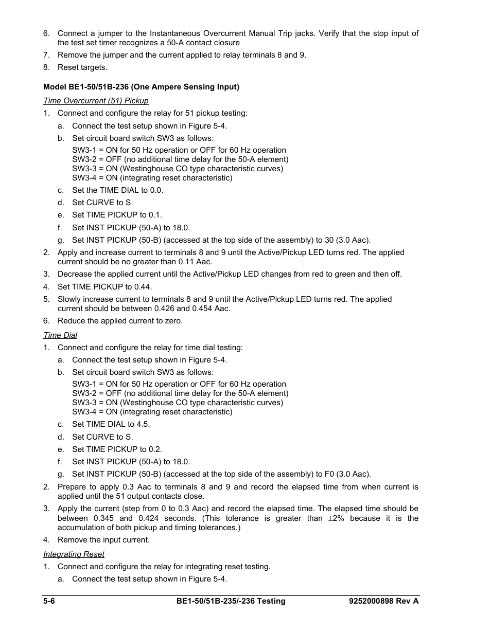 Model be1-50/51b-236 (one ampere sensing input), Time overcurrent (51) pickup, Time dial | Integrating reset, Model be1-50/51b-236 (one ampere sensing input) -6, Time overcurrent (51) pickup -6, Time dial -6, Integrating reset -6 | Basler Electric BE1-50/51B-235 User Manual | Page 42 / 68