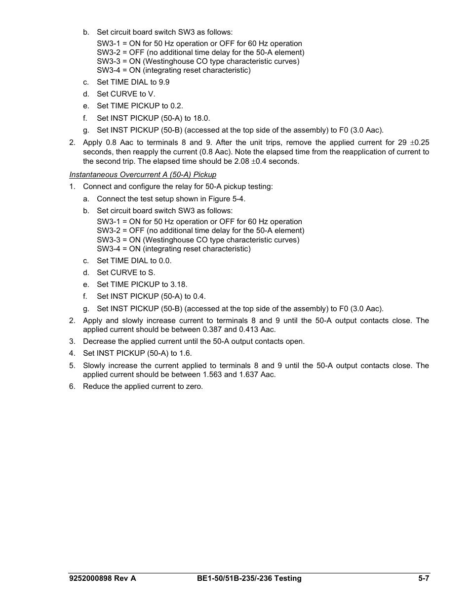 Instantaneous overcurrent a (50-a) pickup, Instantaneous overcurrent a (50-a) pickup -7 | Basler Electric BE1-50/51B-235 User Manual | Page 43 / 68