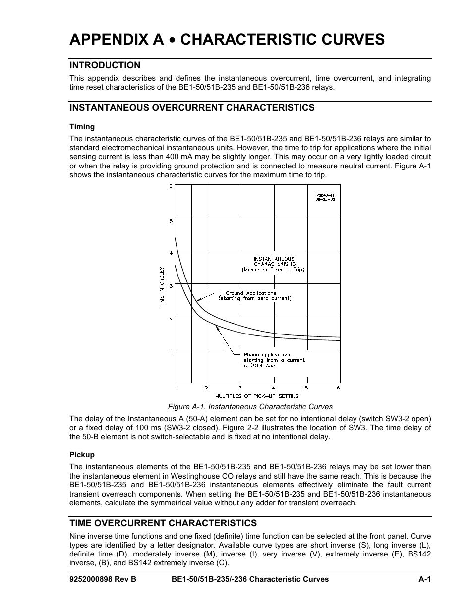 Introduction, Instantaneous overcurrent characteristics, Timing | Pickup, Time overcurrent characteristics, Figure a-1. instantaneous characteristic curves, Appendix a • characteristic curves | Basler Electric BE1-50/51B-235 User Manual | Page 49 / 68