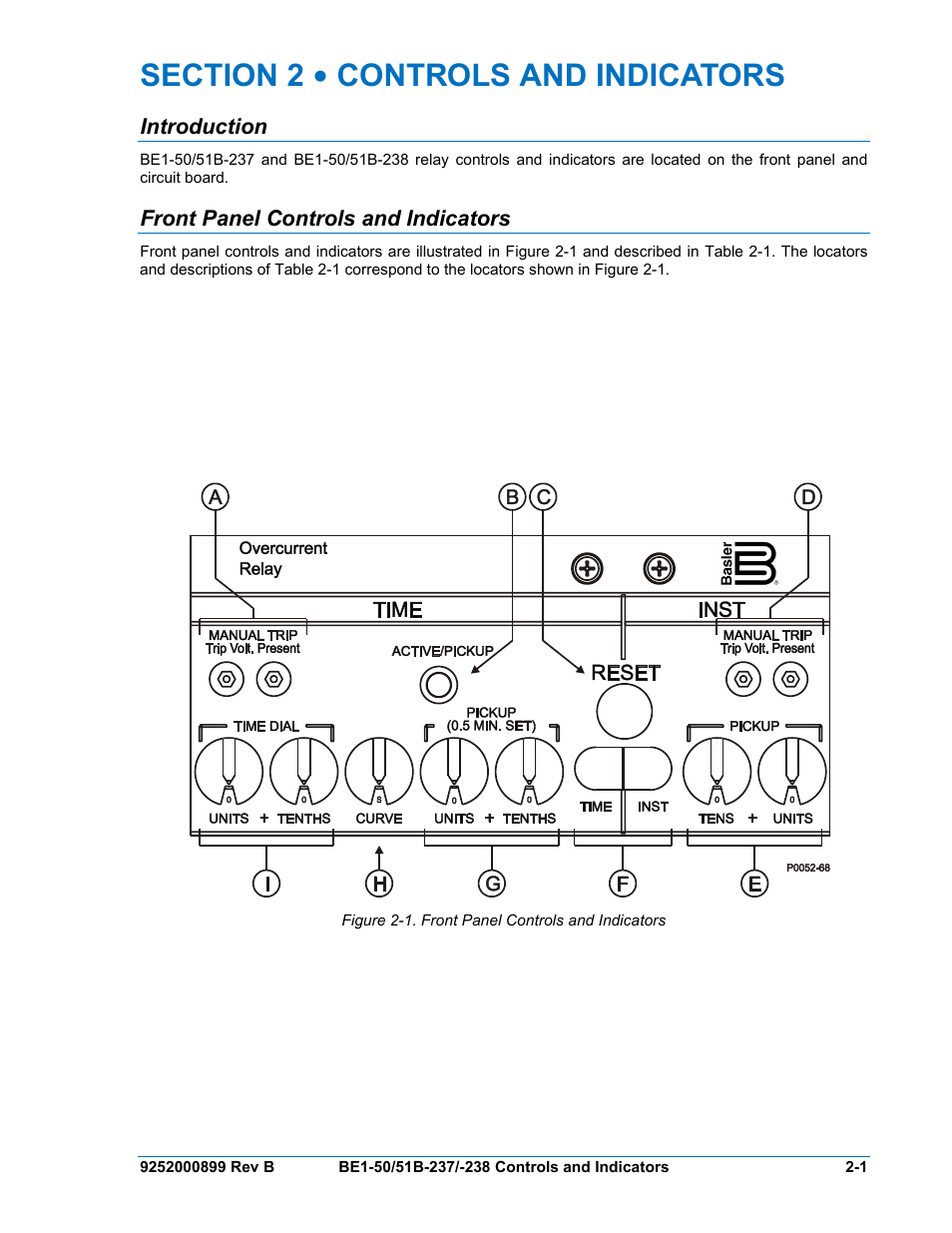 Introduction, Front panel controls and indicators, Section 2 • controls and indicators -1 | Introduction -1, Front panel controls and indicators -1, Figure 2-1. front panel controls and indicators | Basler Electric BE1-50/51B-237 User Manual | Page 21 / 70