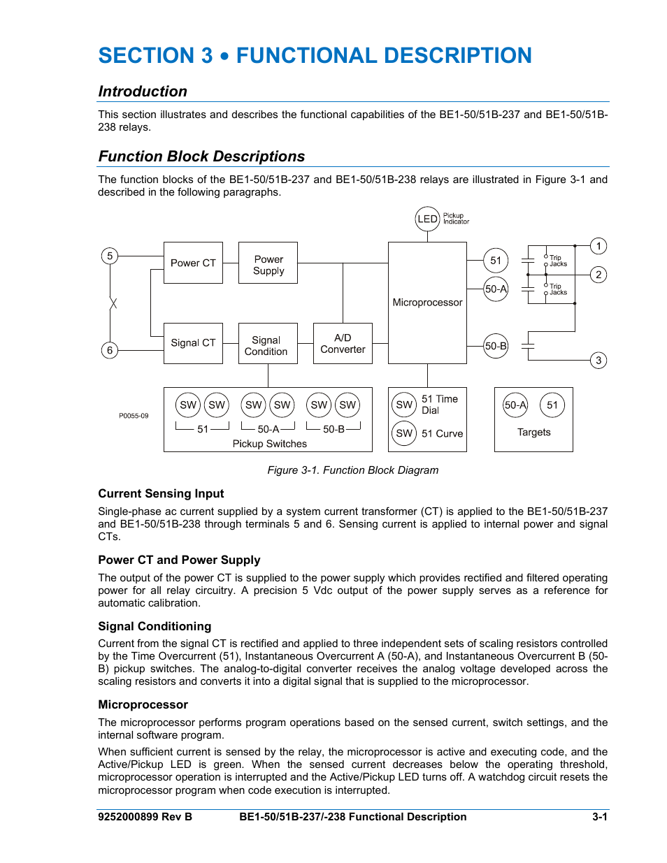 Introduction, Function block descriptions, Current sensing input | Power ct and power supply, Signal conditioning, Microprocessor, Section 3 • functional description -1, Introduction -1, Function block descriptions -1, Current sensing input -1 | Basler Electric BE1-50/51B-237 User Manual | Page 29 / 70