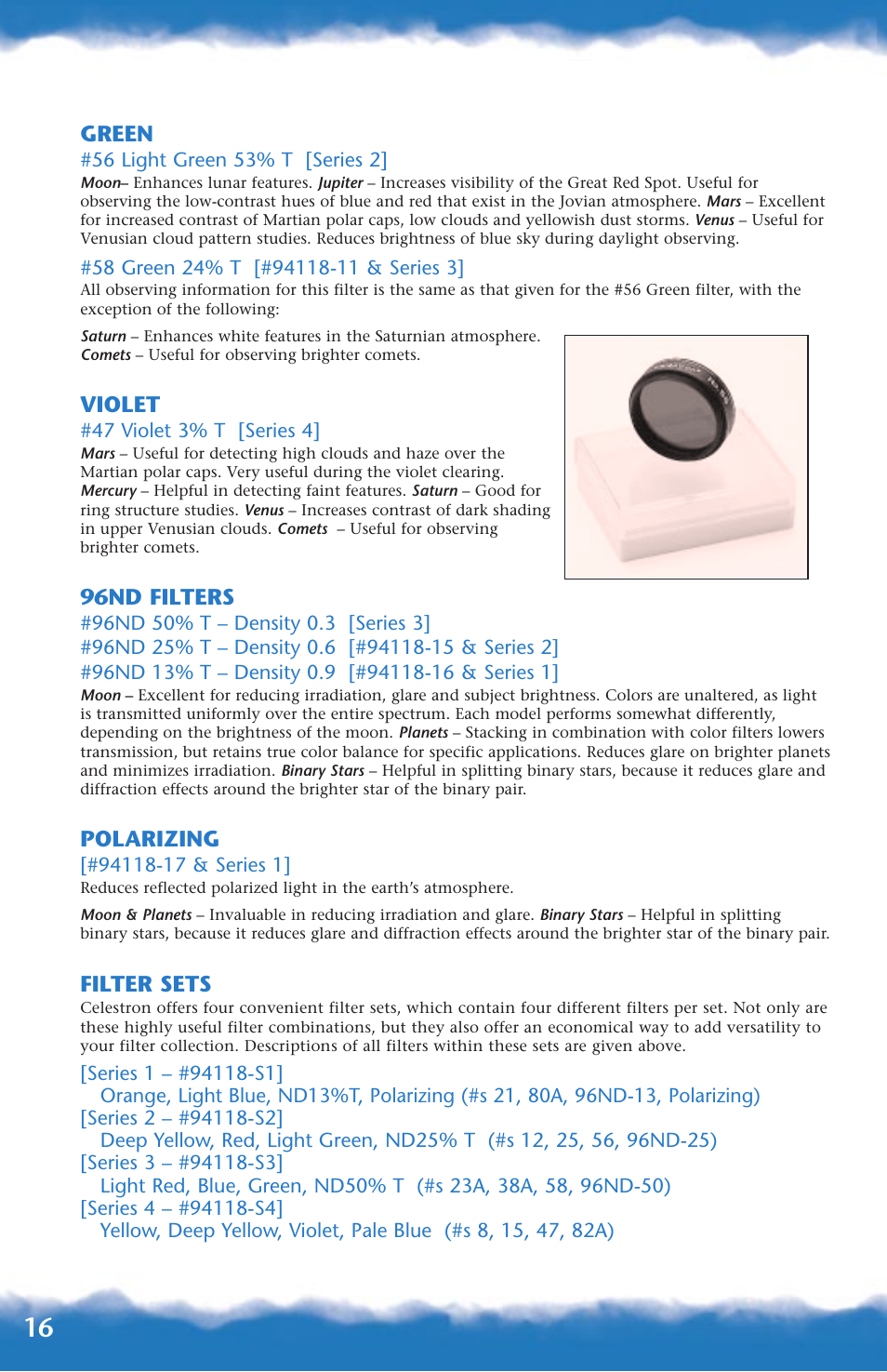 Green, Violet, 96nd filters | Polarizing, Filter sets | Canon 93517 User Manual | Page 16 / 36