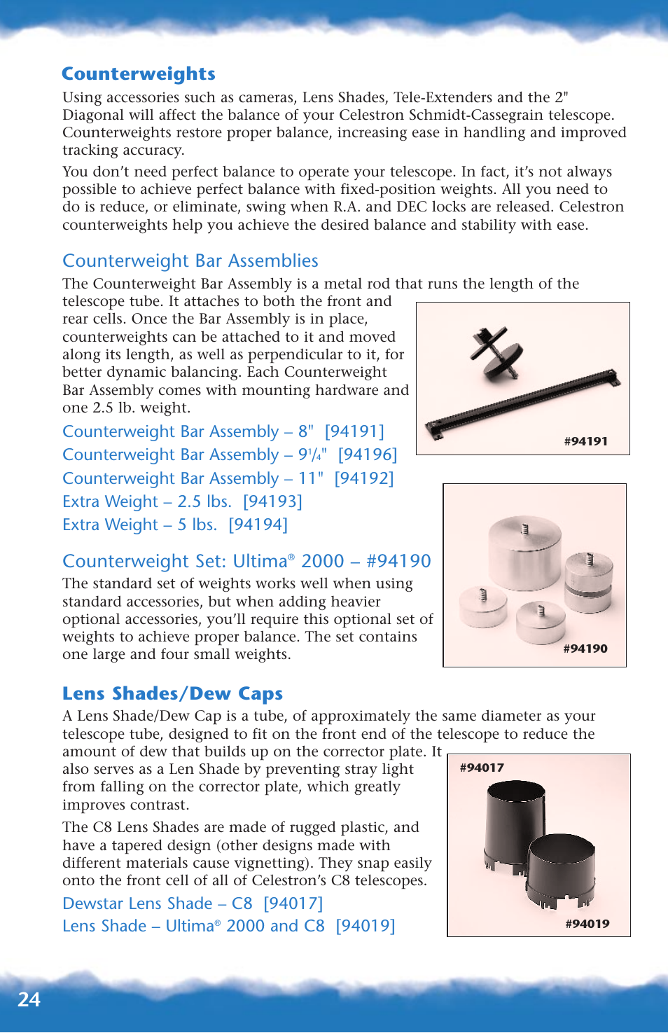 Counterweights, Lens shades, Counterweight bar assemblies | Counterweight set: ultima, Lens shades/dew caps | Canon 93517 User Manual | Page 24 / 36