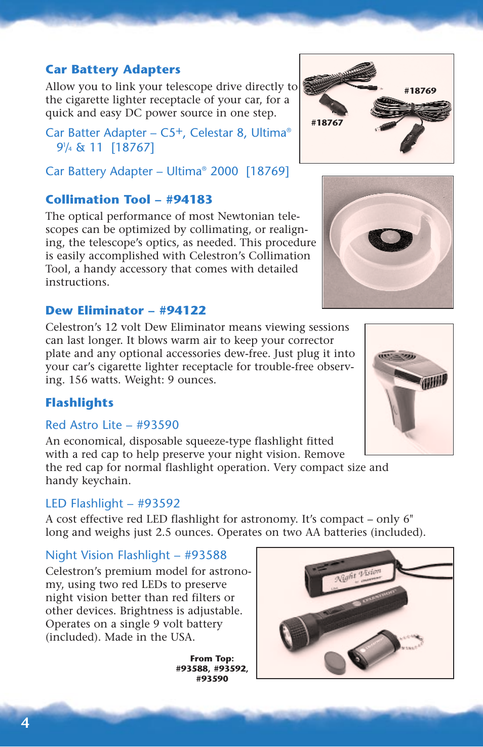 Car battery adapters, Collimation tool, Dew eliminator | Flashlights, Car batter adapter – c5+, celestar 8, ultima | Canon 93517 User Manual | Page 4 / 36