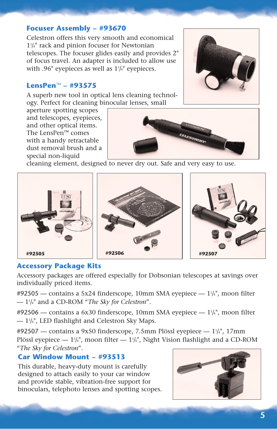 Focuser assembly, Lenspen, Accessory package kits | Car window mount | Canon 93517 User Manual | Page 5 / 36