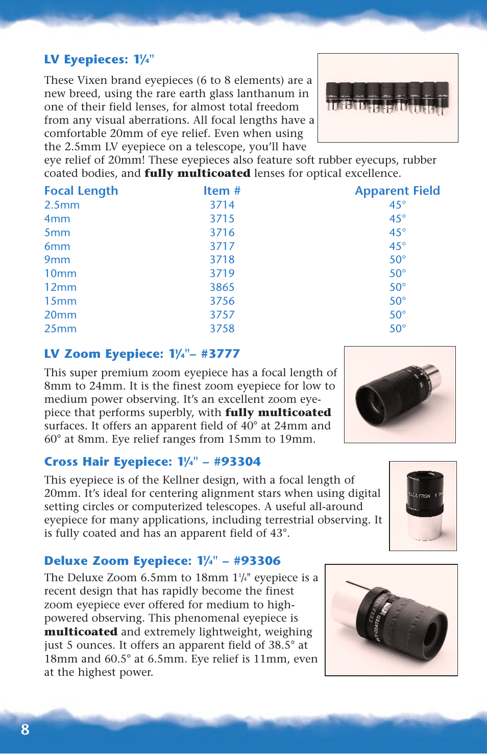 Lv, cross hair, deluxe zoom, Lv eyepieces: 1, Focal length item # apparent field | Lv zoom eyepiece: 1, Cross hair eyepiece: 1, Deluxe zoom eyepiece: 1 | Canon 93517 User Manual | Page 8 / 36