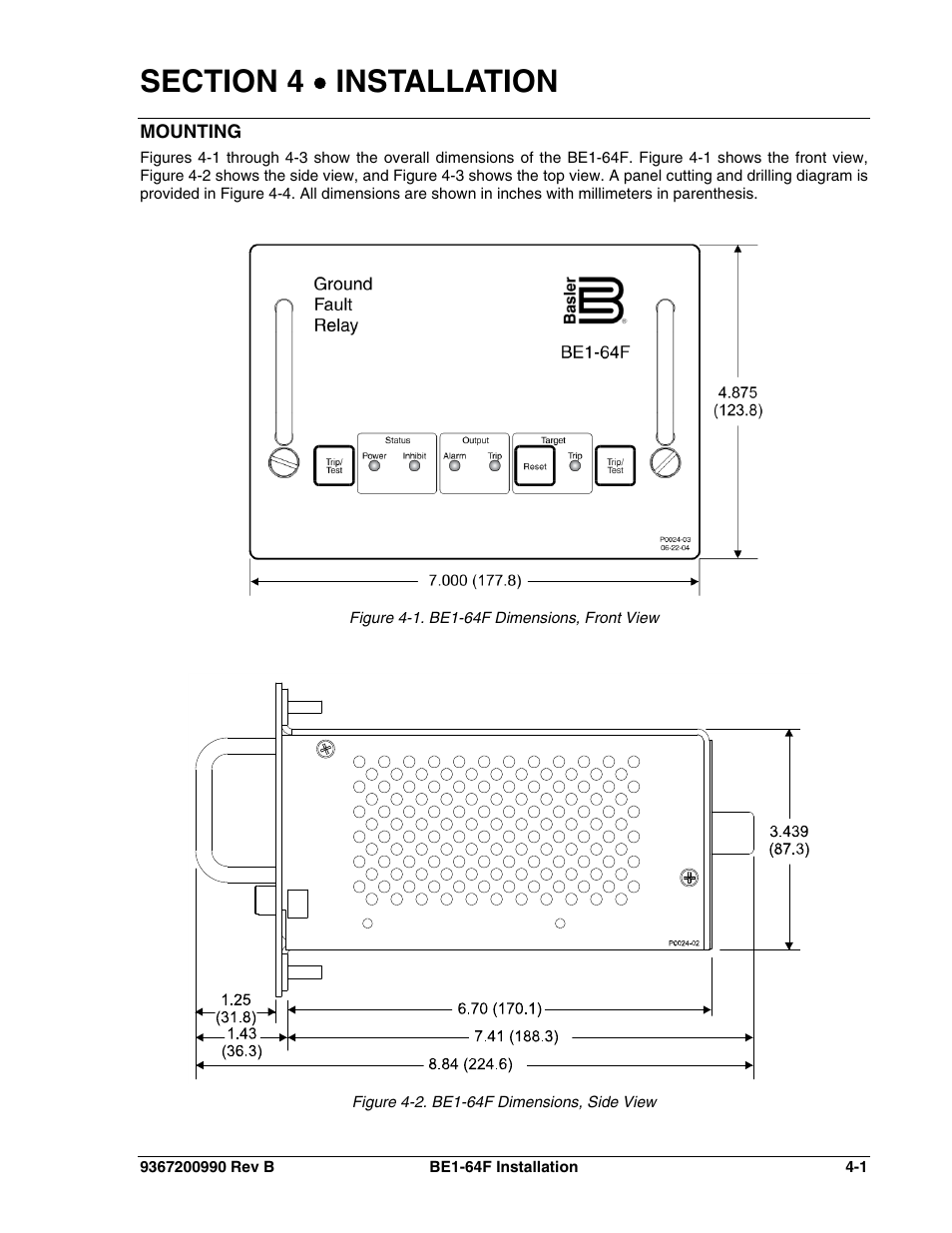 Installation, Mounting, Section 4 | Installation -1, Mounting -1, Storage -4, Pre-alarm jumper -4, Connections -5 | Basler Electric BE1-64F User Manual | Page 19 / 30