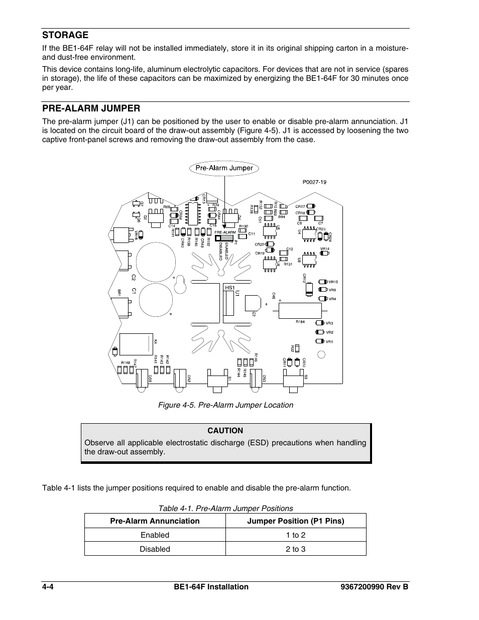 Storage, Pre-alarm jumper | Basler Electric BE1-64F User Manual | Page 22 / 30