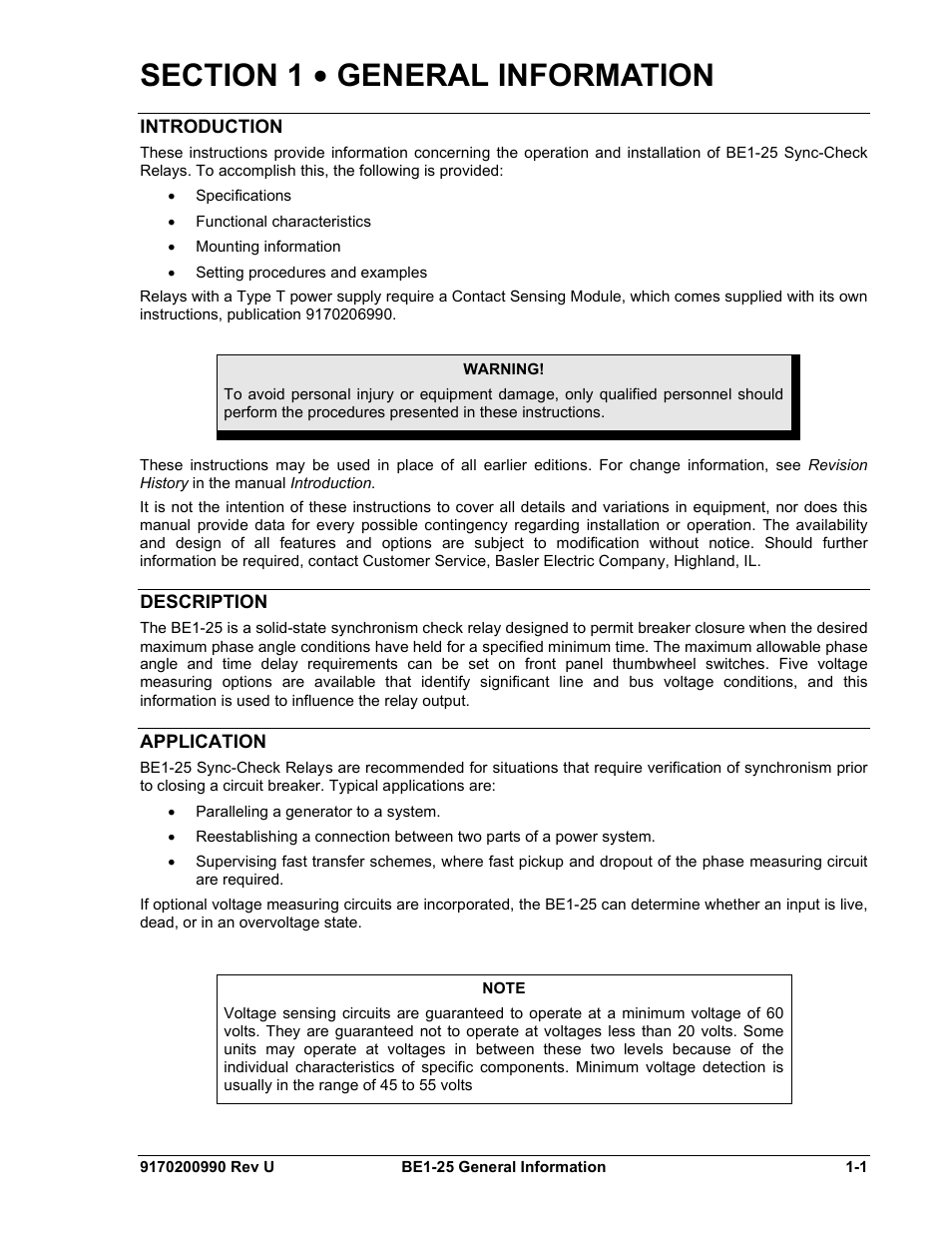 Introduction, Description, Application | Section 1 • general information -1, Introduction -1, Description -1, Application -1 | Basler Electric BE1-25 User Manual | Page 11 / 66