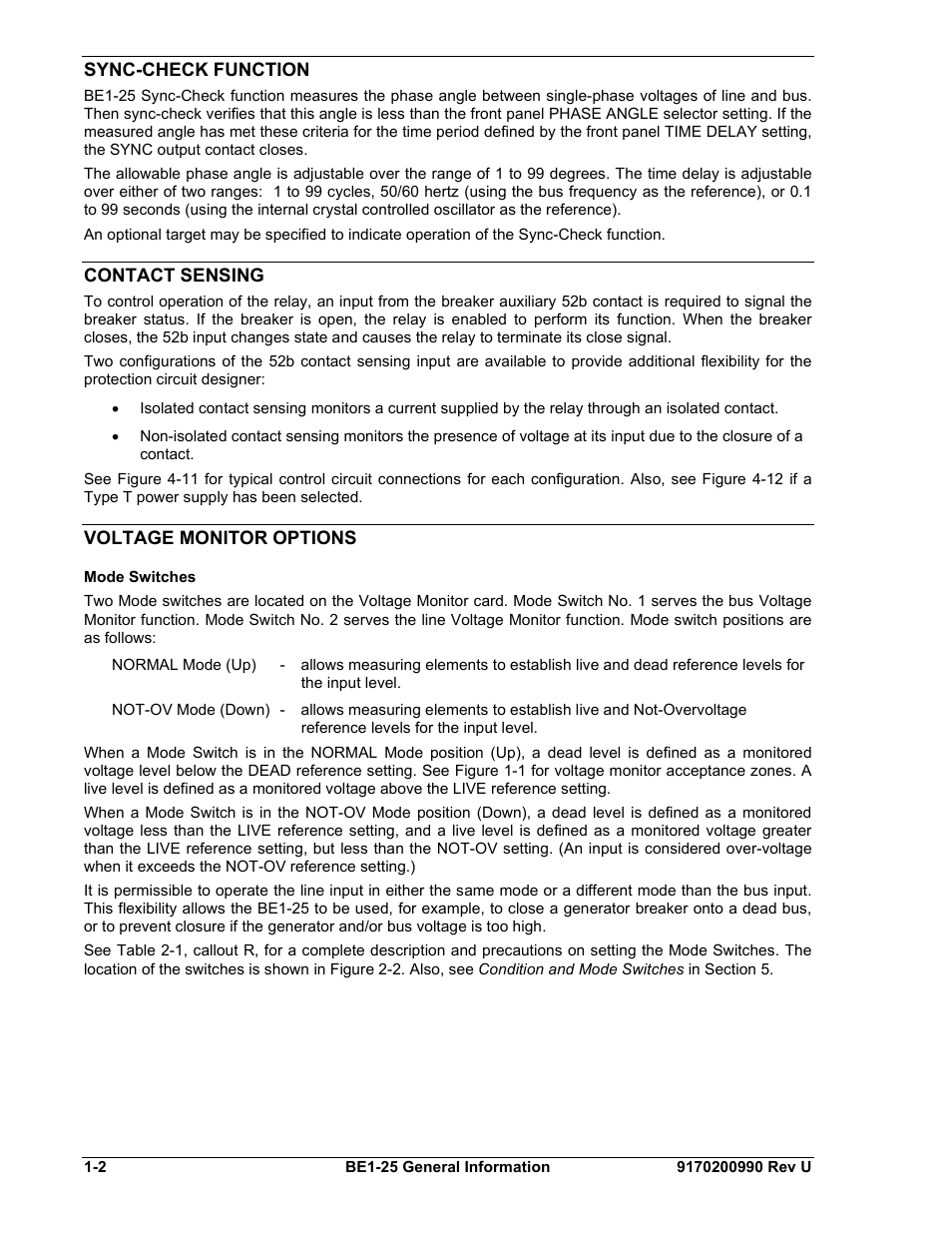 Sync-check function, Contact sensing, Voltage monitor options | Mode switches, Sync-check function -2, Contact sensing -2, Voltage monitor options -2, Mode switches -2 | Basler Electric BE1-25 User Manual | Page 12 / 66
