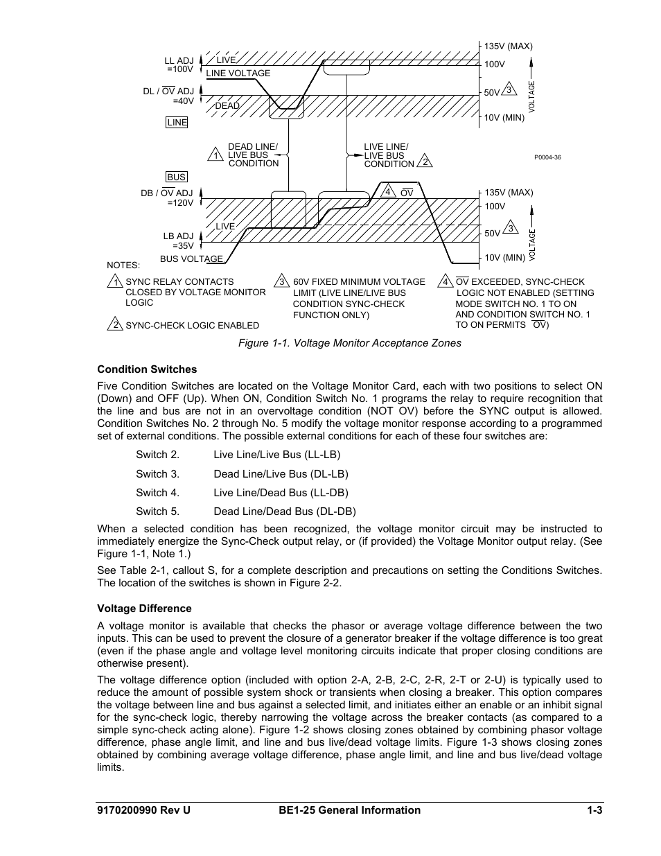 Condition switches, Voltage difference, Condition switches -3 | Voltage difference -3, Figure 1-1. voltage monitor acceptance zones -3 | Basler Electric BE1-25 User Manual | Page 13 / 66