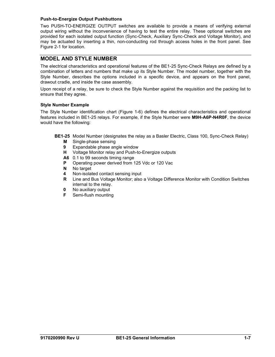 Push-to-energize output pushbuttons, Model and style number, Style number example | Push-to-energize output pushbuttons -7, Model and style number -7, Style number example -7 | Basler Electric BE1-25 User Manual | Page 17 / 66