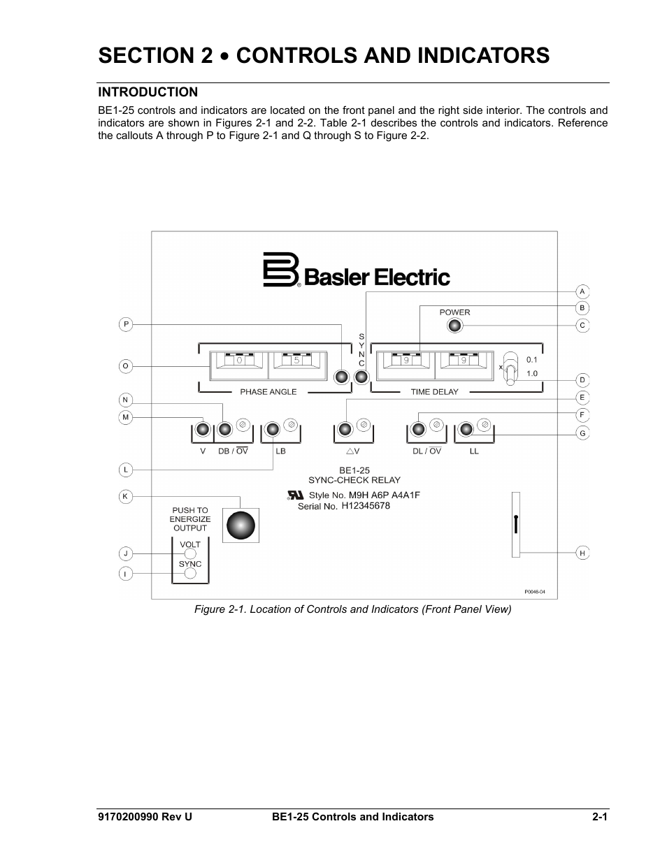 Introduction, Section 2 • controls and indicators -1, Introduction -1 | Basler Electric BE1-25 User Manual | Page 25 / 66