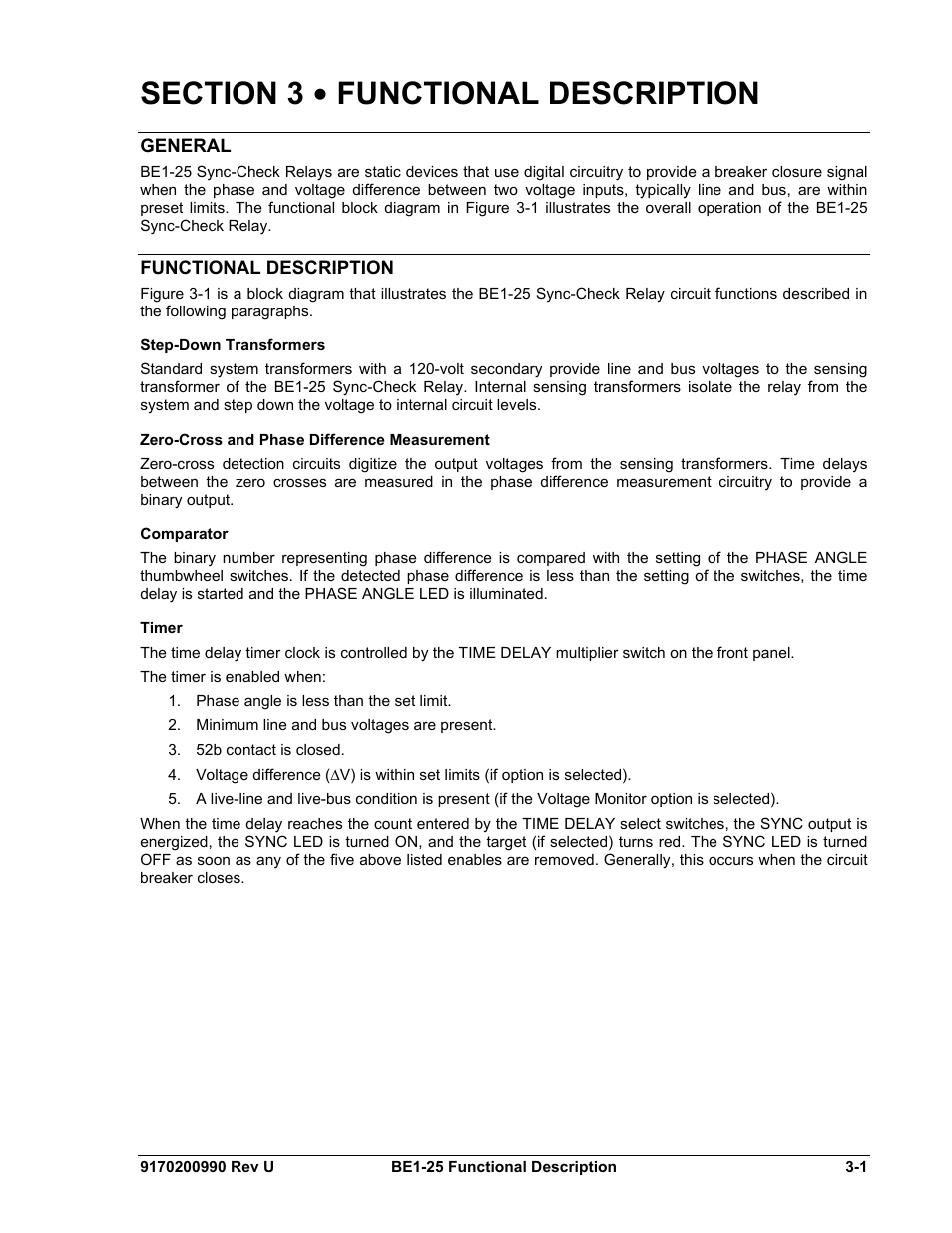 General, Functional description, Step-down transformers | Zero-cross and phase difference measurement, Comparator, Timer, Section 3 • functional description -1, General -1, Functional description -1, Step-down transformers -1 | Basler Electric BE1-25 User Manual | Page 35 / 66