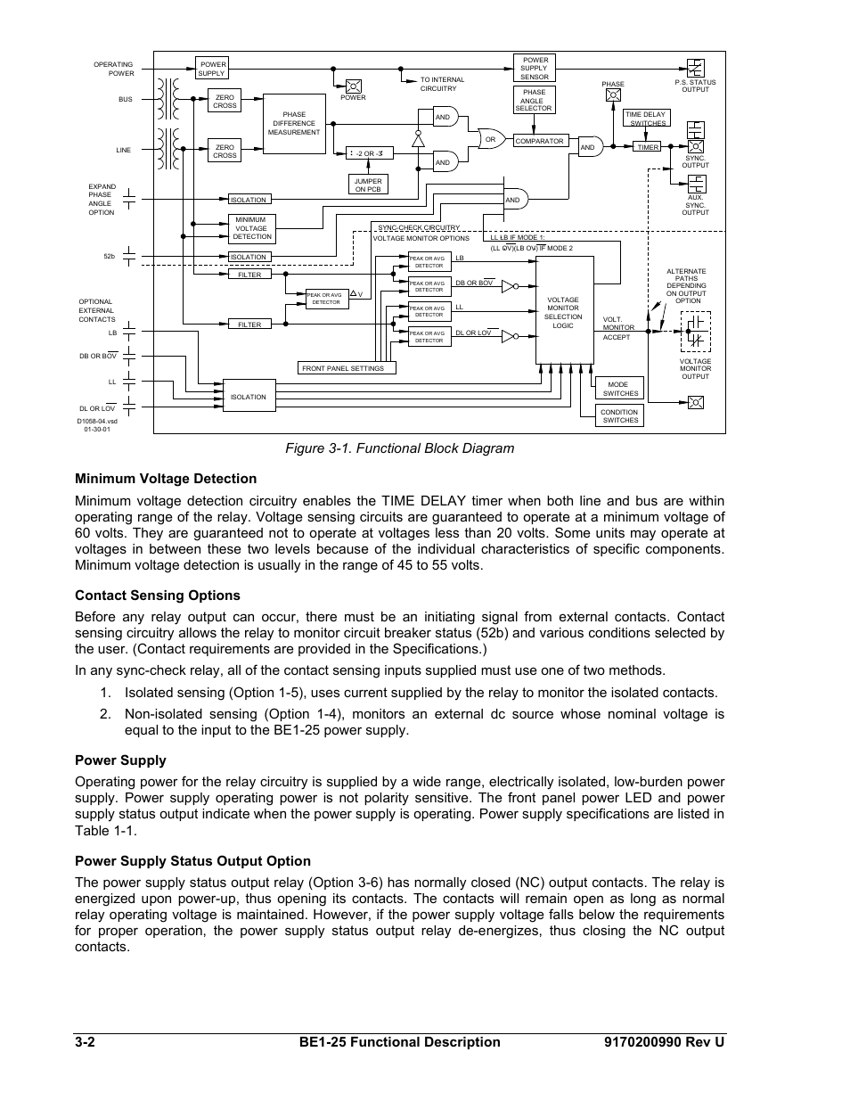 Minimum voltage detection, Contact sensing options, Power supply | Power supply status output option, Minimum voltage detection -2, Contact sensing options -2, Power supply -2, Power supply status output option -2, Figure 3-1. functional block diagram -2 | Basler Electric BE1-25 User Manual | Page 36 / 66