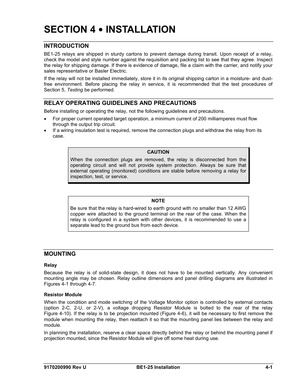 Introduction, Relay operating guidelines and precautions, Mounting | Relay, Resistor module, Section 4 • installation -1, Introduction -1, Relay operating guidelines and precautions -1, Mounting -1, Relay -1 | Basler Electric BE1-25 User Manual | Page 41 / 66