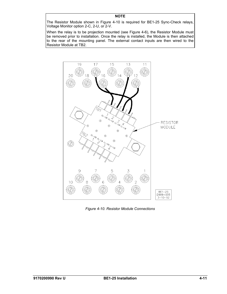 Figure 4-10. resistor module connections -11 | Basler Electric BE1-25 User Manual | Page 51 / 66