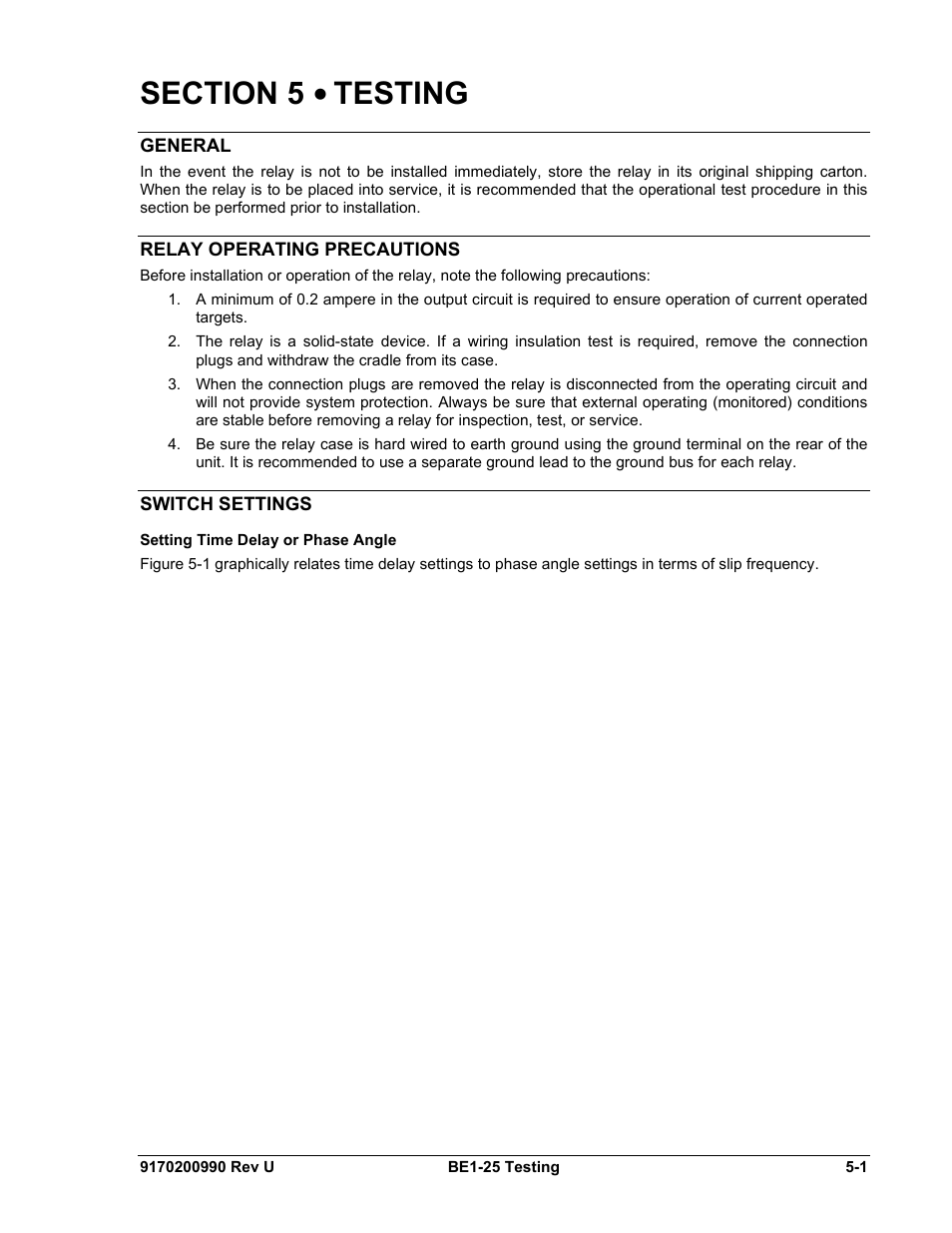 General, Relay operating precautions, Switch settings | Setting time delay or phase angle, Section 5 • testing -1, General -1, Relay operating precautions -1, Switch settings -1, Setting time delay or phase angle -1 | Basler Electric BE1-25 User Manual | Page 57 / 66