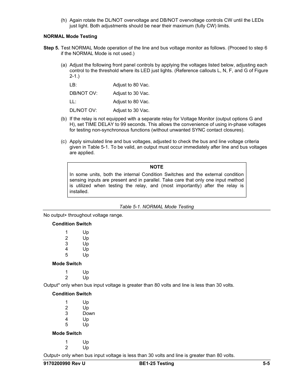 Normal mode testing, Normal mode testing -5, Table 5-1. normal mode testing -5 | Basler Electric BE1-25 User Manual | Page 61 / 66