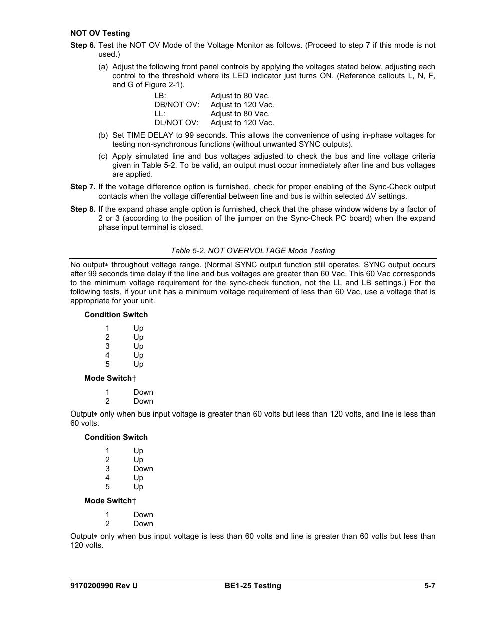 Not ov testing, Not ov testing -7, Table 5-2. not overvoltage mode testing -7 | Basler Electric BE1-25 User Manual | Page 63 / 66